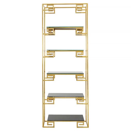 Dion Art Deco Gold Metal And Black Glass 5 Tier Shelving Unit Bookcase