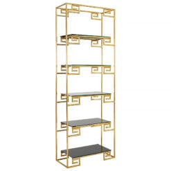 Dion Art Deco Gold Metal And Black Glass 5 Tier Shelving Unit Bookcase