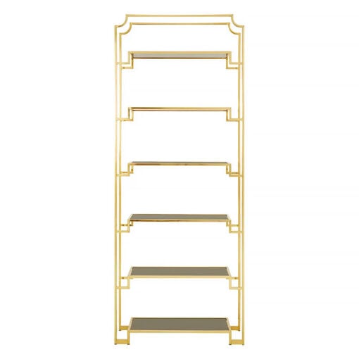 Dion Art Deco Gold Metal And Black Glass 6 Tier Shelving Unit Bookcase