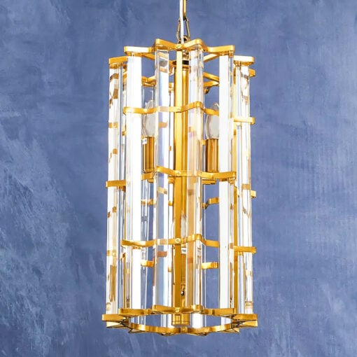 Gold Brass Metal And Crystal 4 Light Vertical Ceiling Pendant Chandelier