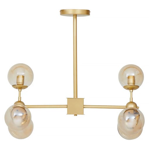 Gold Metal And Brown Tint Glass 6 Light Ceiling Pendant Chandelier