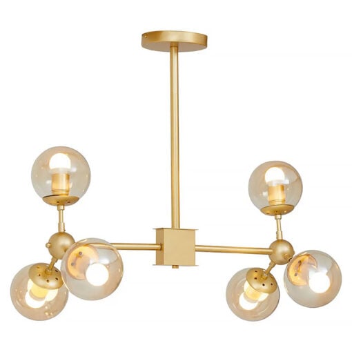 Gold Metal And Brown Tint Glass 6 Light Ceiling Pendant Chandelier