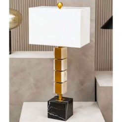 Grey Marble And Gold Metal Table Desk Lamp 82cm With White Fabric Shade