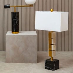 Grey Marble And Gold Metal Table Desk Lamp 82cm With White Fabric Shade