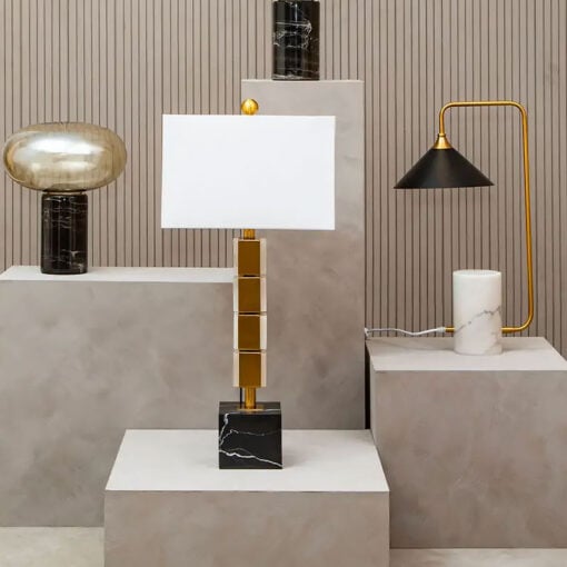 Grey Marble And Gold Metal Table Desk Lamp 82cm With White Fabric Shade