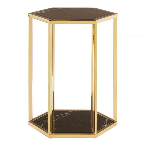 Hexagon Art Deco Black Marble And Gold Metal 2 Tier End Side Table