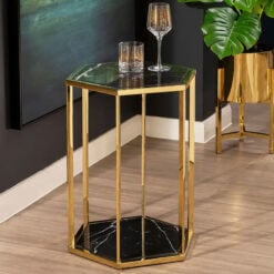 Hexagon Art Deco Black Marble And Gold Metal 2 Tier End Side Table