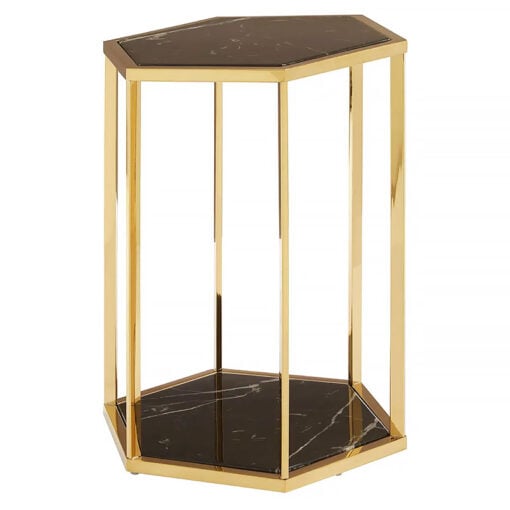 Hexagon Art Deco Black Marble And Gold Metal 2 Tier End Side Table