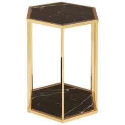 Hexagon Art Deco Black Marble And Gold Metal 2 Tier End Side Table