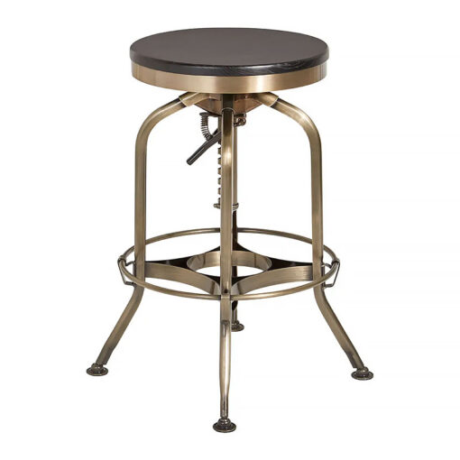 Industrial Black Ash Wood And Gold Brass Height Adjustable Bar Stool