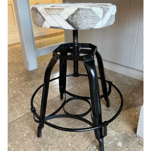 Industrial Black Metal And Genuine Grey Cowhide Adjustable Bar Stool