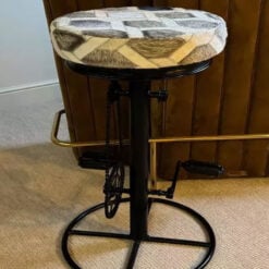 Industrial Genuine Grey Cowhide And Black Metal Bicycle Pedal Bar Stool