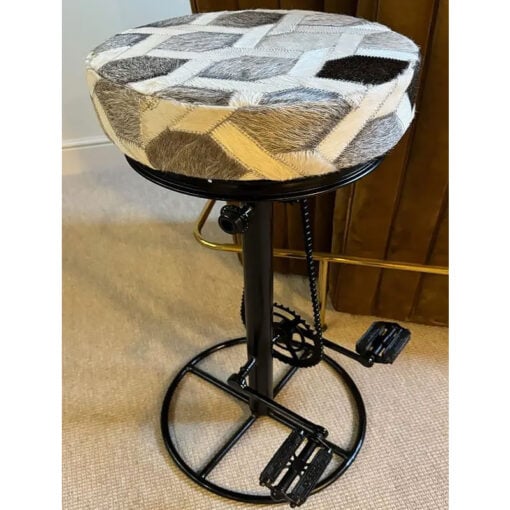 Industrial Genuine Grey Cowhide And Black Metal Bicycle Pedal Bar Stool