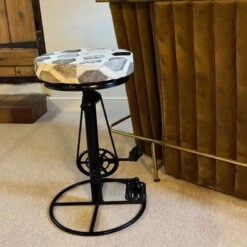 Industrial Genuine Grey Cowhide And Black Metal Bicycle Pedal Bar Stool