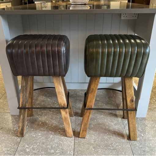 Industrial Green Genuine Leather Pommel Horse Bar Stool With Wood Legs