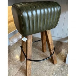 Industrial Green Genuine Leather Pommel Horse Bar Stool With Wood Legs