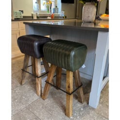 Industrial Green Genuine Leather Pommel Horse Bar Stool With Wood Legs