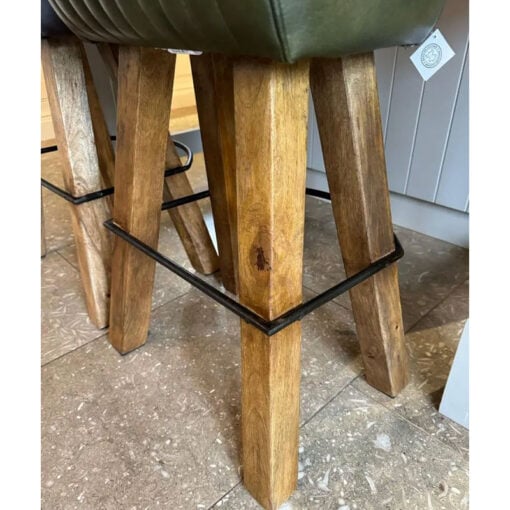 Industrial Green Genuine Leather Pommel Horse Bar Stool With Wood Legs