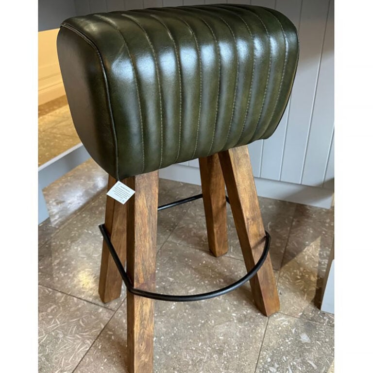Industrial Green Genuine Leather Pommel Horse Bar Stool With Wood Legs ...