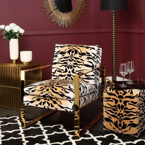 Kenya Art Deco Tiger Print Fabric And Gold Brass Metal Accent Armchair