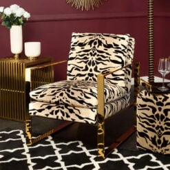 Kenya Art Deco Tiger Print Fabric And Gold Brass Metal Accent Armchair