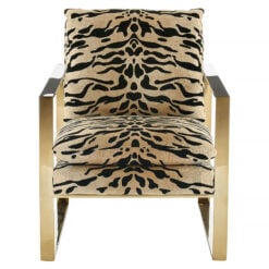 Kenya Art Deco Tiger Print Fabric And Gold Brass Metal Accent Armchair