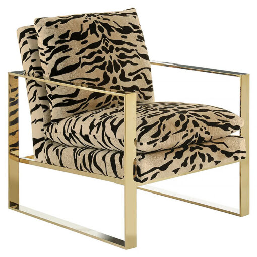 Kenya Art Deco Tiger Print Fabric And Gold Brass Metal Accent Armchair