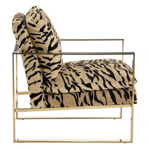 Kenya Art Deco Tiger Print Fabric And Gold Brass Metal Accent Armchair