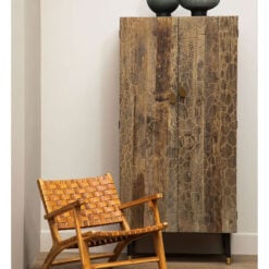 Kina Art Deco Boho Brown Elm Wood And Gold Metal 2 Door Tall Cabinet
