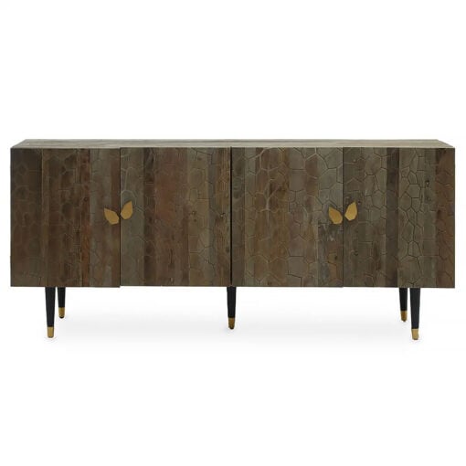 Kina Art Deco Boho Brown Elm Wood And Gold Metal 4 Door Large Sideboard