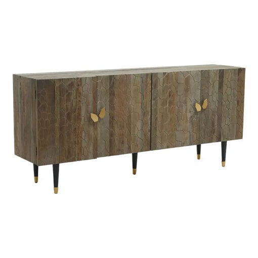 Kina Art Deco Boho Brown Elm Wood And Gold Metal 4 Door Large Sideboard