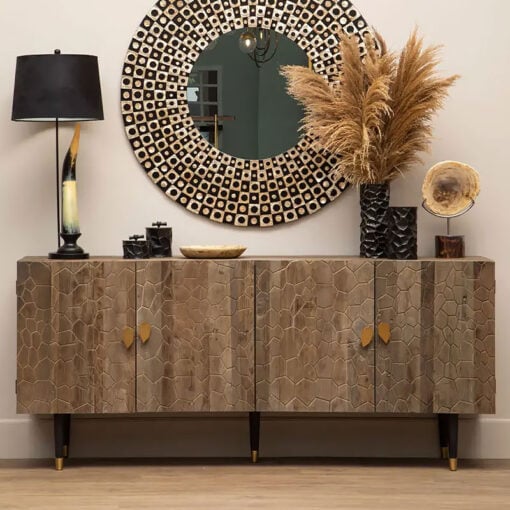 Kina Art Deco Boho Brown Elm Wood And Gold Metal 4 Door Large Sideboard