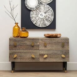 Kina Art Deco Boho Brown Elm Wood And Gold Metal 4 Drawer Chest Sideboard