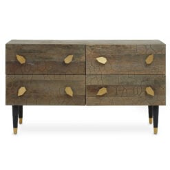 Kina Art Deco Boho Brown Elm Wood And Gold Metal 4 Drawer Chest Sideboard