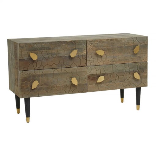 Kina Art Deco Boho Brown Elm Wood And Gold Metal 4 Drawer Chest Sideboard