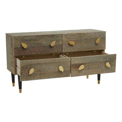 Kina Art Deco Boho Brown Elm Wood And Gold Metal 4 Drawer Chest Sideboard