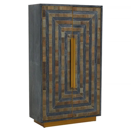 Lee Art Deco Recycled Solid Wood And Gold Brass 2 Door Tall Cabinet