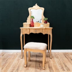 Louis French Country Gold Leaf Wood Dressing Table Stool And Mirror Set