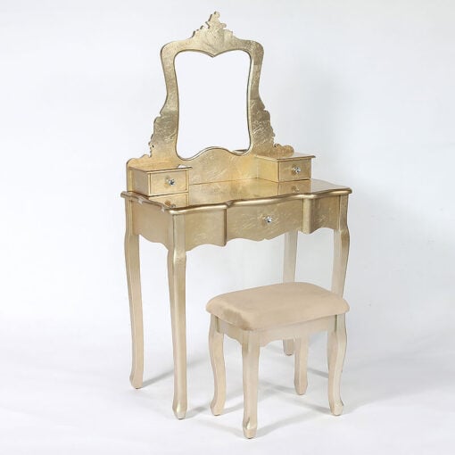 Louis French Country Gold Leaf Wood Dressing Table Stool And Mirror Set