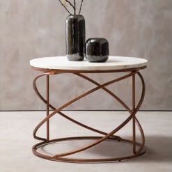Nita Art Deco Copper Rose Gold Metal And White Marble Coffee Table 60cm
