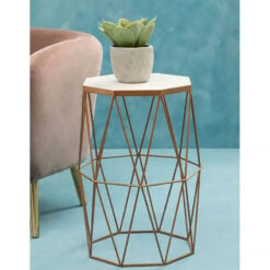 Octagon Art Deco Gold Metal And White Marble Side End Table