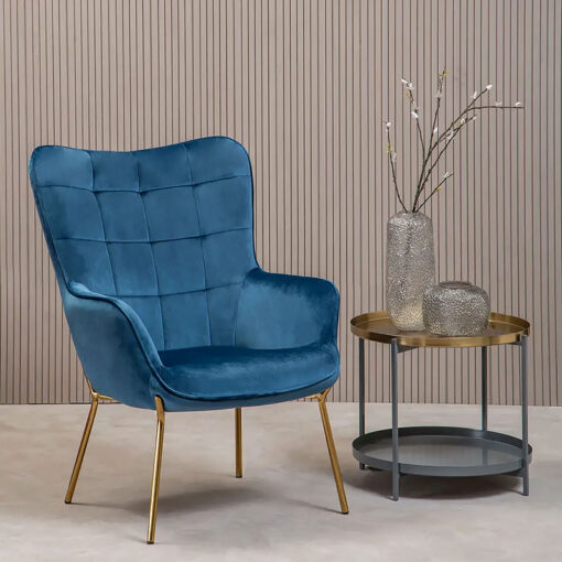 Scandi Blue Velvet High Back Accent Chair Armchair With Gold Metal Legs