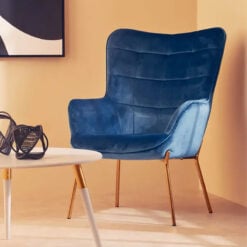Scandi Blue Velvet High Back Accent Chair Armchair With Gold Metal Legs