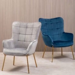 Scandi Blue Velvet High Back Accent Chair Armchair With Gold Metal Legs