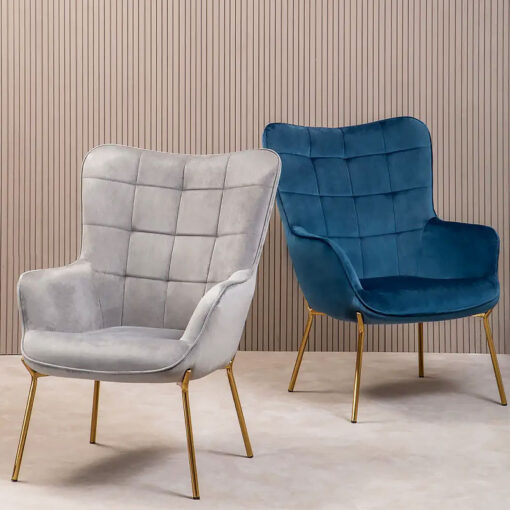 Scandi Blue Velvet High Back Accent Chair Armchair With Gold Metal Legs