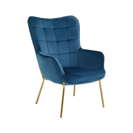 Scandi Blue Velvet High Back Accent Chair Armchair With Gold Metal Legs