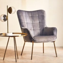 Scandi Grey Velvet High Back Accent Chair Armchair With Gold Metal Legs