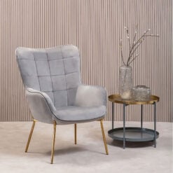 Scandi Grey Velvet High Back Accent Chair Armchair With Gold Metal Legs