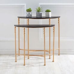 Set Of 2 Art Deco Half Moon Black Wood And Rose Gold Console Tables