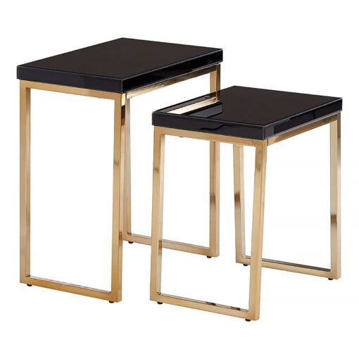 Set Of 2 Black Mirrored Glass And Gold Metal Nesting Side End Tables